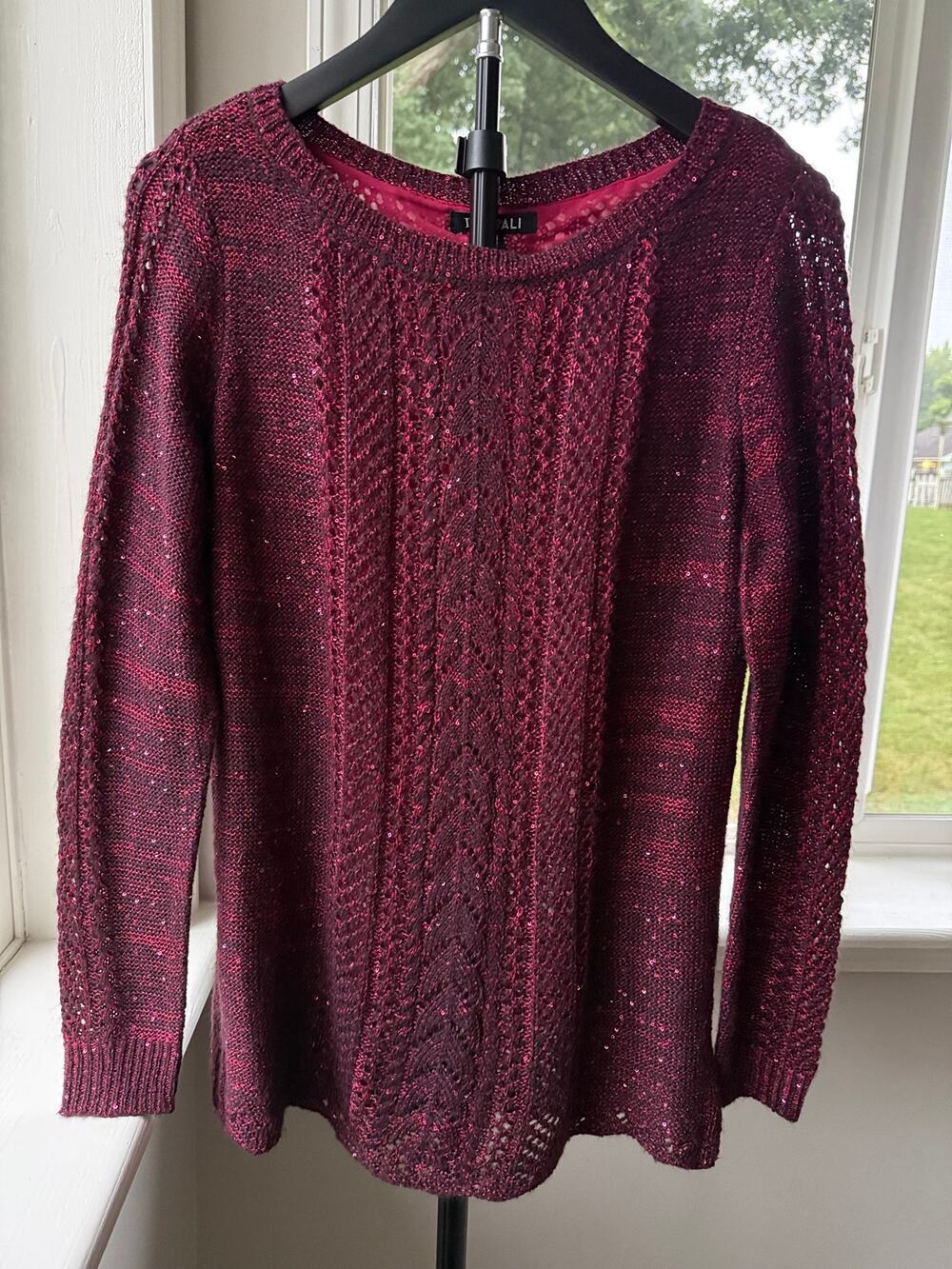 Burgundy Metallic Sequin Open Knit Sweater Small Holiday Party Cable Knit - Picture 1 of 6